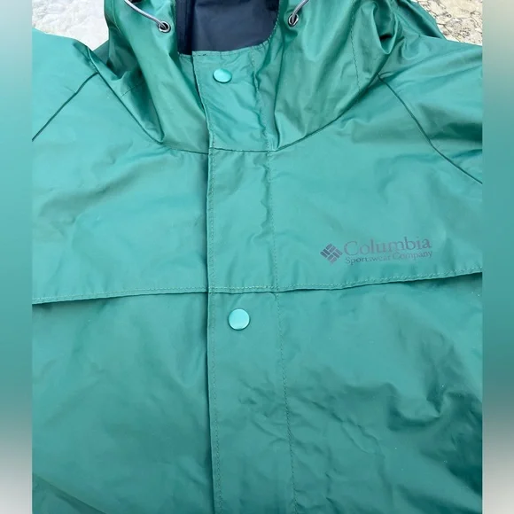 Columbia Men's Large Green Hood Snap Zip‎ Pockets Breathable Waterproof Jacket - Picture 7 of 15